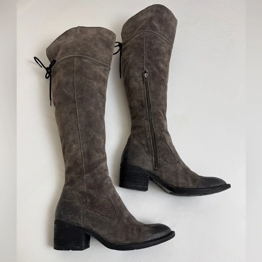 Born Gray Tall Suede Over The Knee Riding Boots Block heel Side Zip Size 7